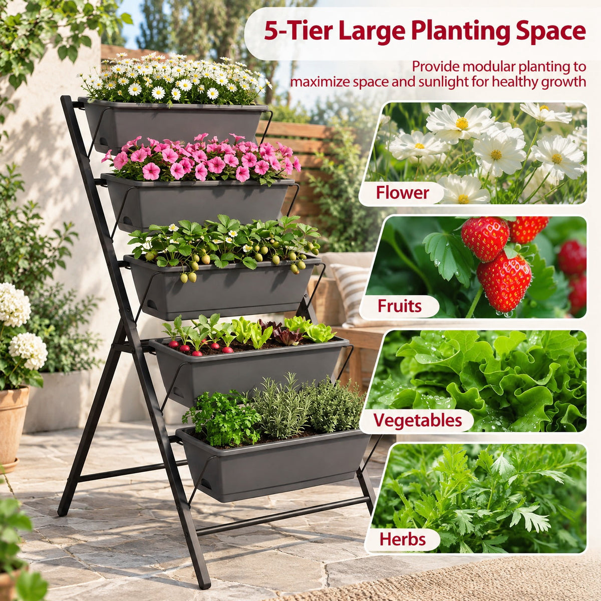 Airfind 5-Tier Vertical Raised Garden Bed with Drainage System and Removable Trays for Vegetables, 11 lbs Capacity, PP Metal Frame, Black