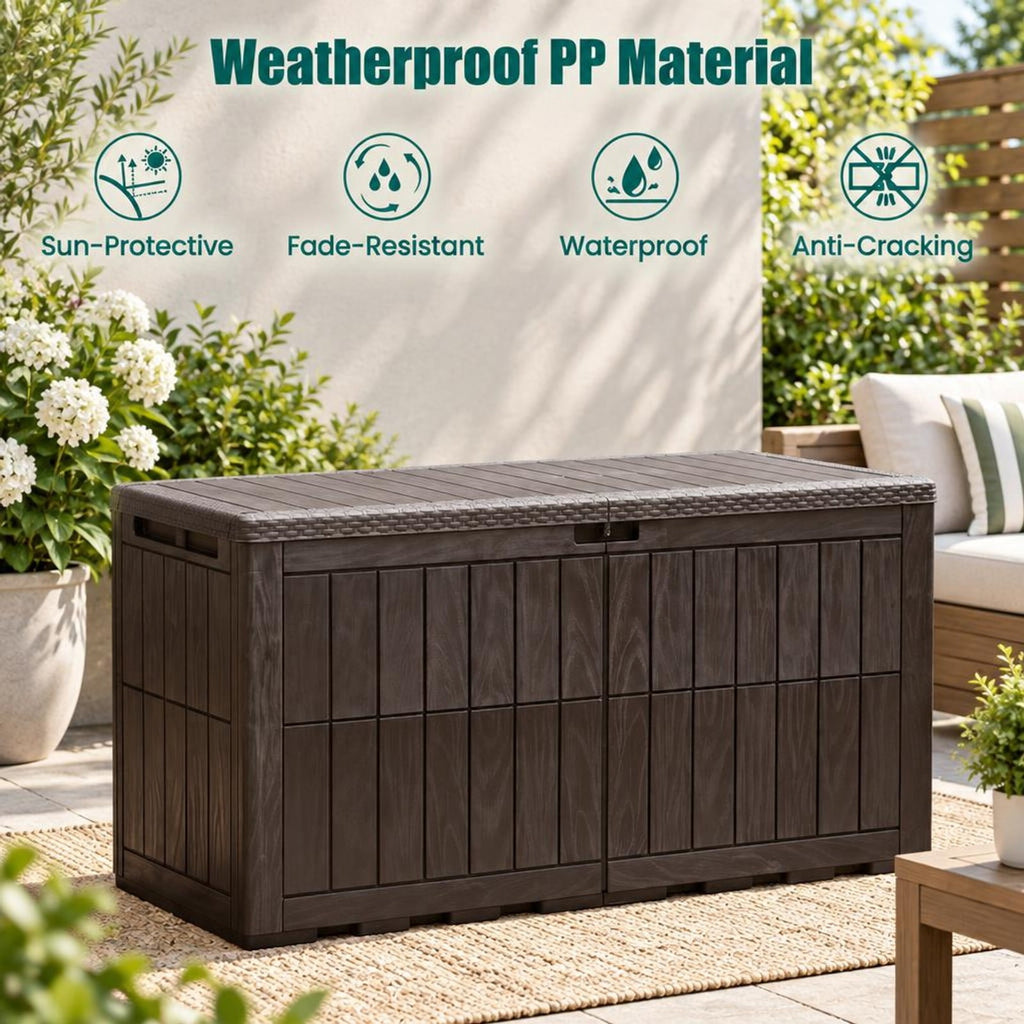 Airfind 120 Gal Outdoor Deck Box with Lid and Handles for Garden Tools, 540 lbs Capacity, PP Metal, 52 Inch x 24 Inch x 25 Inch , Brown