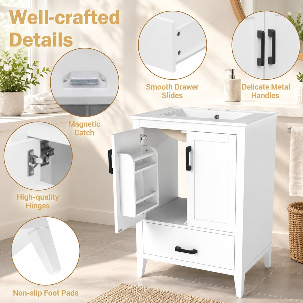 Airfind 24.5 Modern Bathroom Vanity with Sink 2 Doors and Drawer, 24.5 x 18.5 x 34Sink Footprint, White