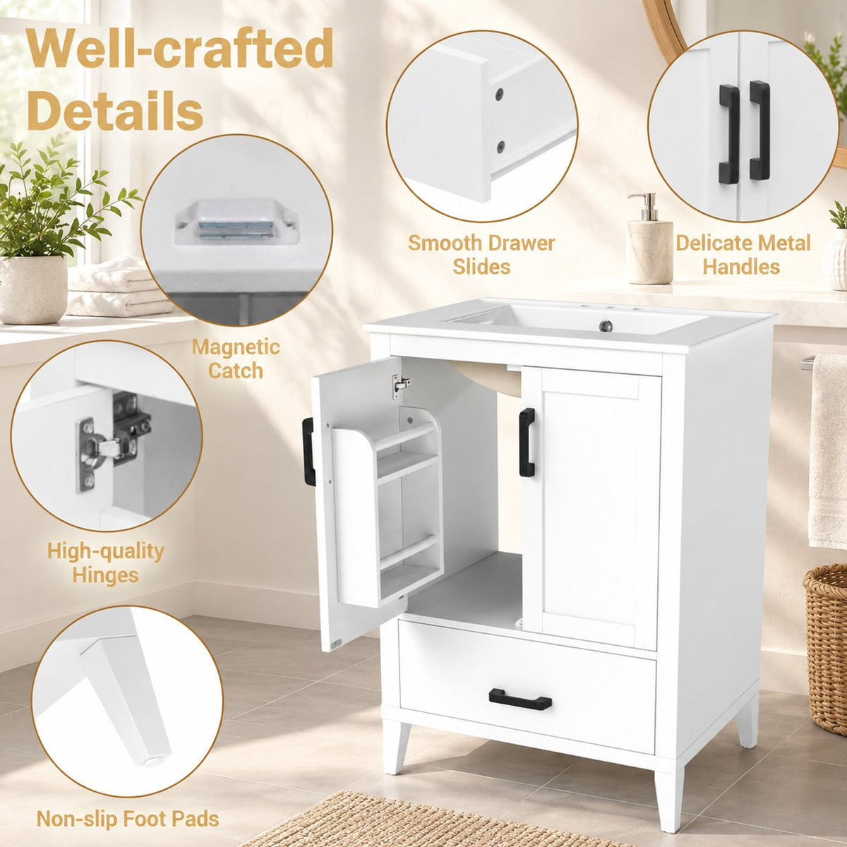 Airfind 24.5 Modern Bathroom Vanity with Sink 2 Doors and Drawer, 24.5 x 18.5 x 34Sink Footprint, White