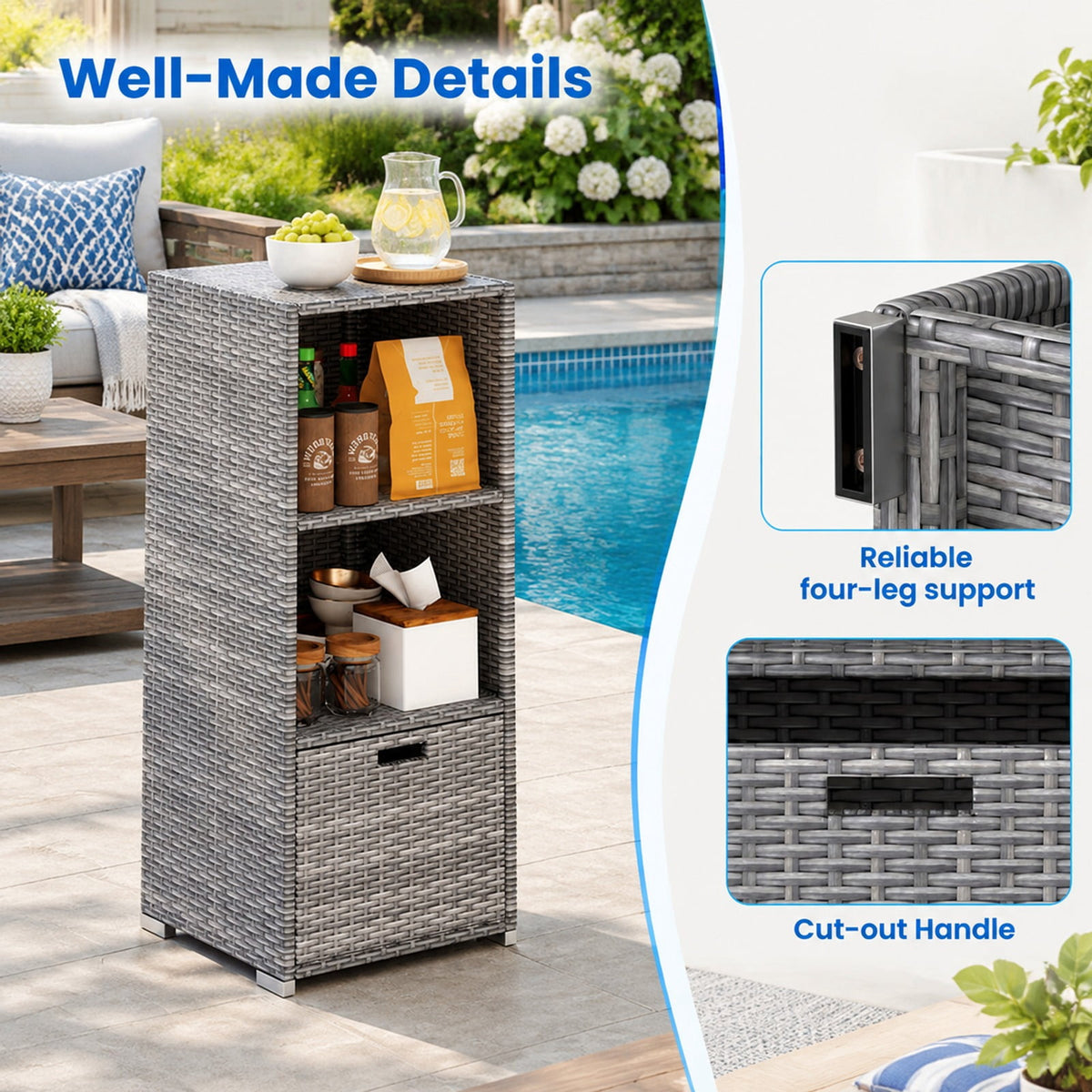Airfind Outdoor Storage Cabinet Patio Wicker Organizer with Drawer, PE Rattan Metal Frame, 19.5 x 19.8 x 43 Footprint, Gray