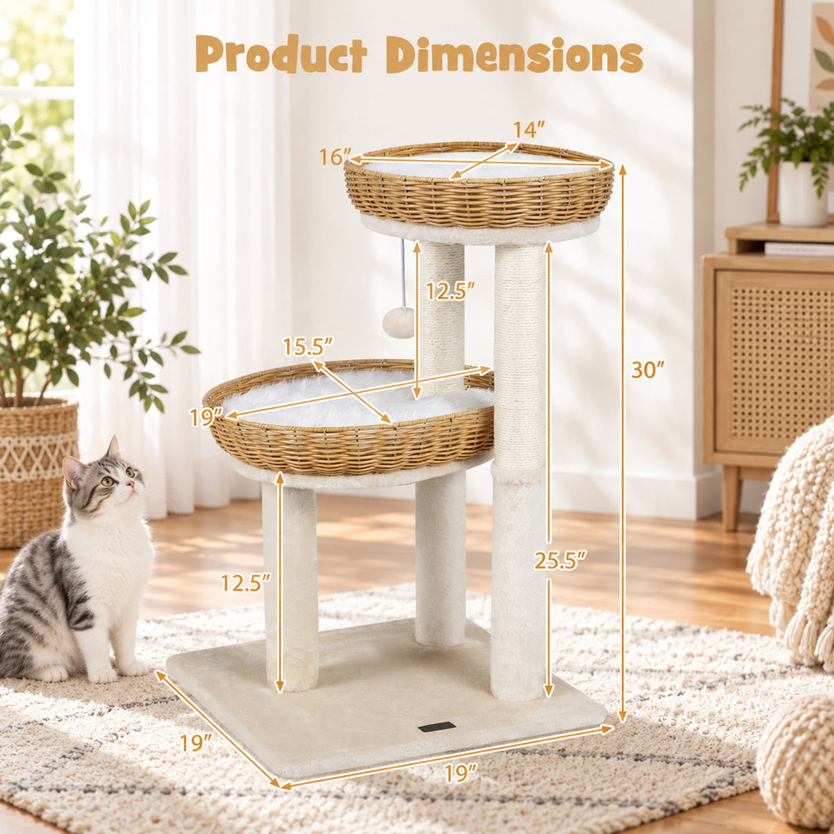 Airfind 30-Inch Cat Tower with 2 Rattan Cat Baskets for Indoor Kittens, 33 lbs Capacity, Engineered Wood Metal Sisal PE Rattan Fabric Frame, Beige