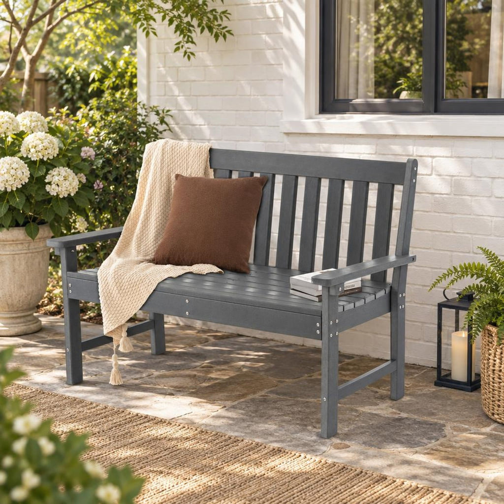 Airfind 52 Inch All-Weather HDPE Outdoor Bench with Backrest and Armrests, 705 lbs Capacity, HDPE Frame, Gray