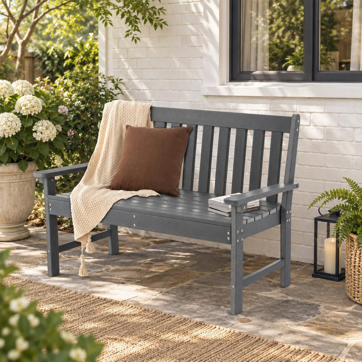 Airfind 52 Inch All-Weather HDPE Outdoor Bench with Backrest and Armrests, 705 lbs Capacity, HDPE Frame, Gray