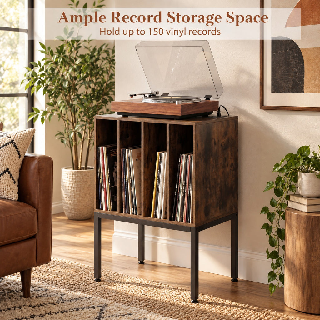 AIRFIND Record Player Stand with Power Outlets, USB and Type-C Ports, Divided Vinyl Storage and Metal Legs, 20 inch Turntable Table, Rustic Brown