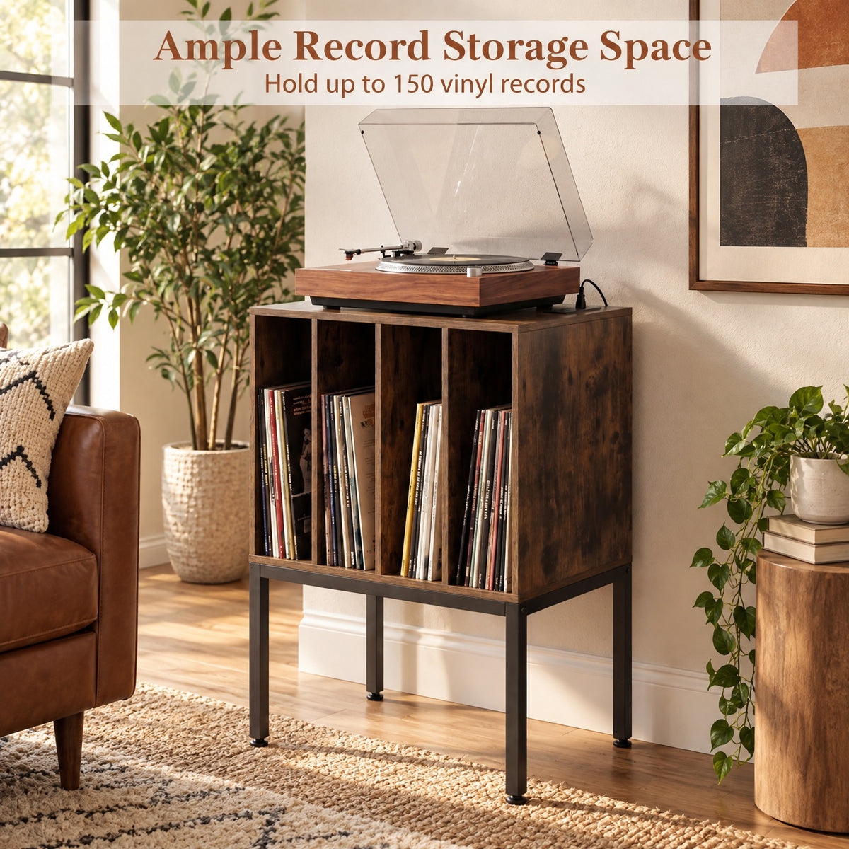 AIRFIND Record Player Stand with Power Outlets, USB and Type-C Ports, Divided Vinyl Storage and Metal Legs, 20 inch Turntable Table, Rustic Brown
