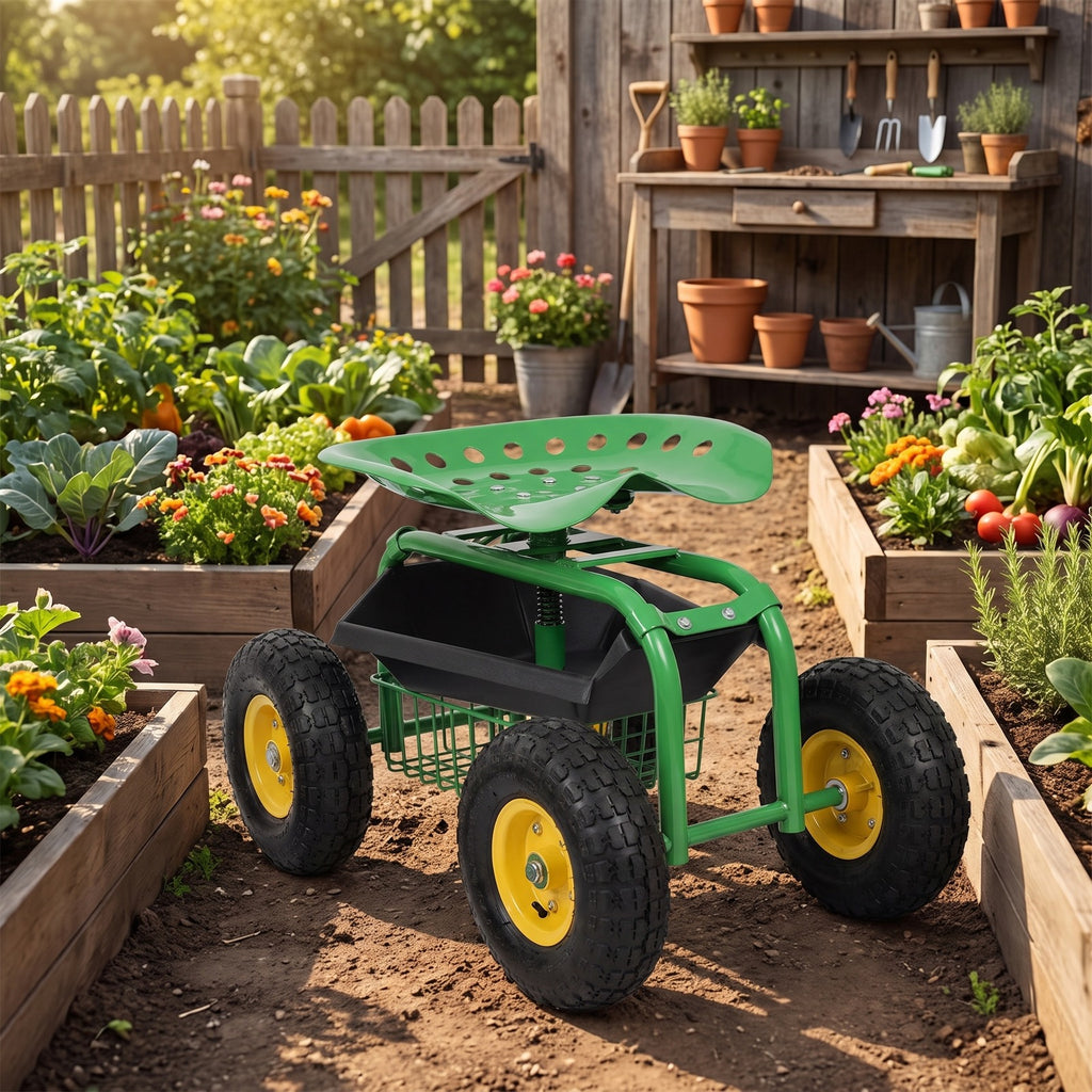 Airfind Red/Green Garden Cart Rolling Work Seat With Heavy Duty Tool Tray Gardening Planting, 33 x 16 x 22 Footprint, Green