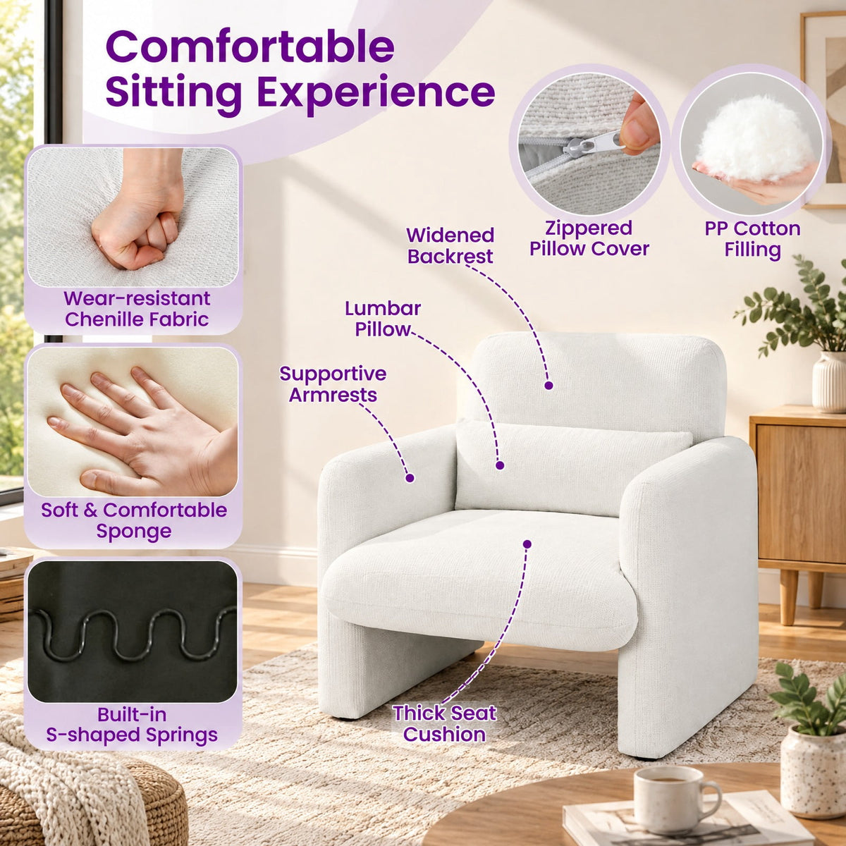Airfind Modern Upholstered Chenille Accent Chair with Removable Lumbar Pillow, 330 lbs Capacity, Chenille Fabric Sponge PP Cotton Wood Frame, White