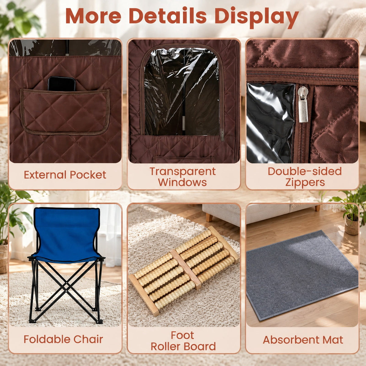 AIRFIND Portable Steam Sauna with 3 L Steamer, 9 Heat Levels, 15-99 Minute Timer, Remote Control, Folding Chair and Floor Mat, Brown