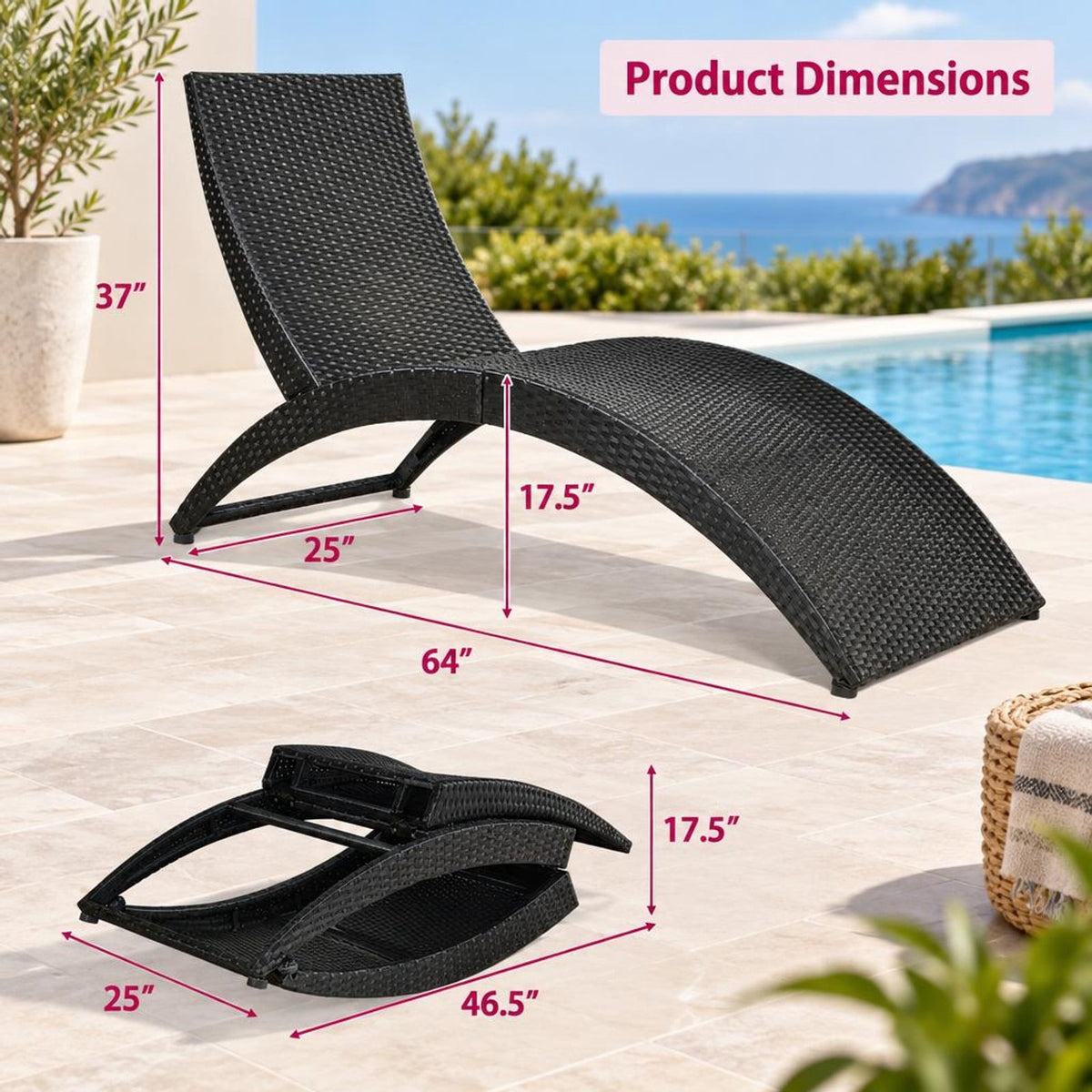 Airfind Folding Patio Rattan Portable Lounge Chair Chaise with Cushion, PE rattan steel non-woven fabric sponge Frame, Turquoise