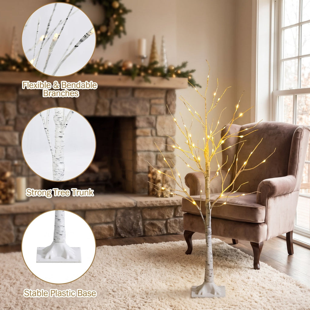 Airfind Pre-lit White Twig Birch Tree for Christmas Holiday with LED Lights-4 ft, metal plastic Height: 4/5/6 ft Frame, White