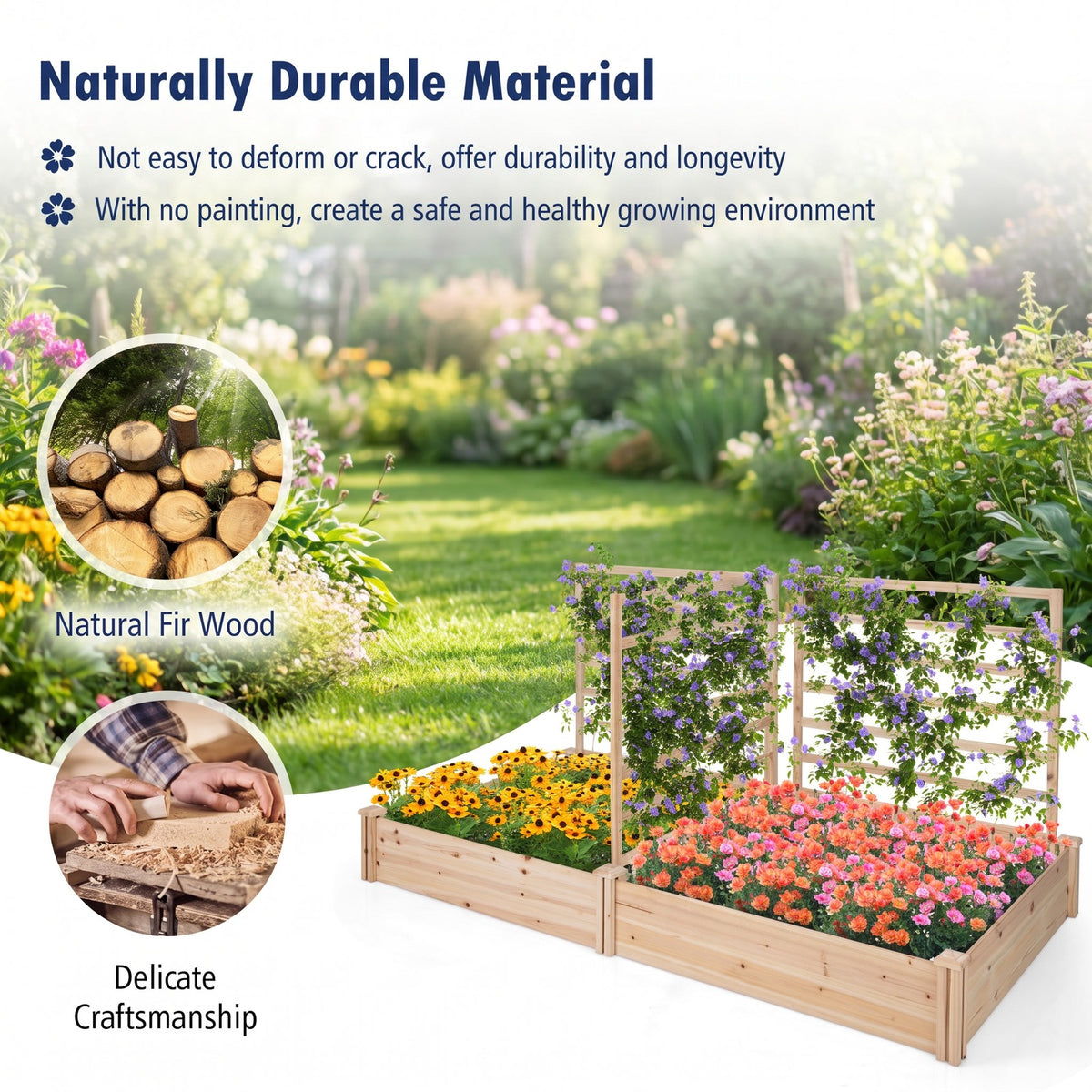 Airfind Raised Garden Bed with 2 Planter Boxes and 3 Trellis, Trellis 22 lbs Capacity, Fir Wood Frame, Natural