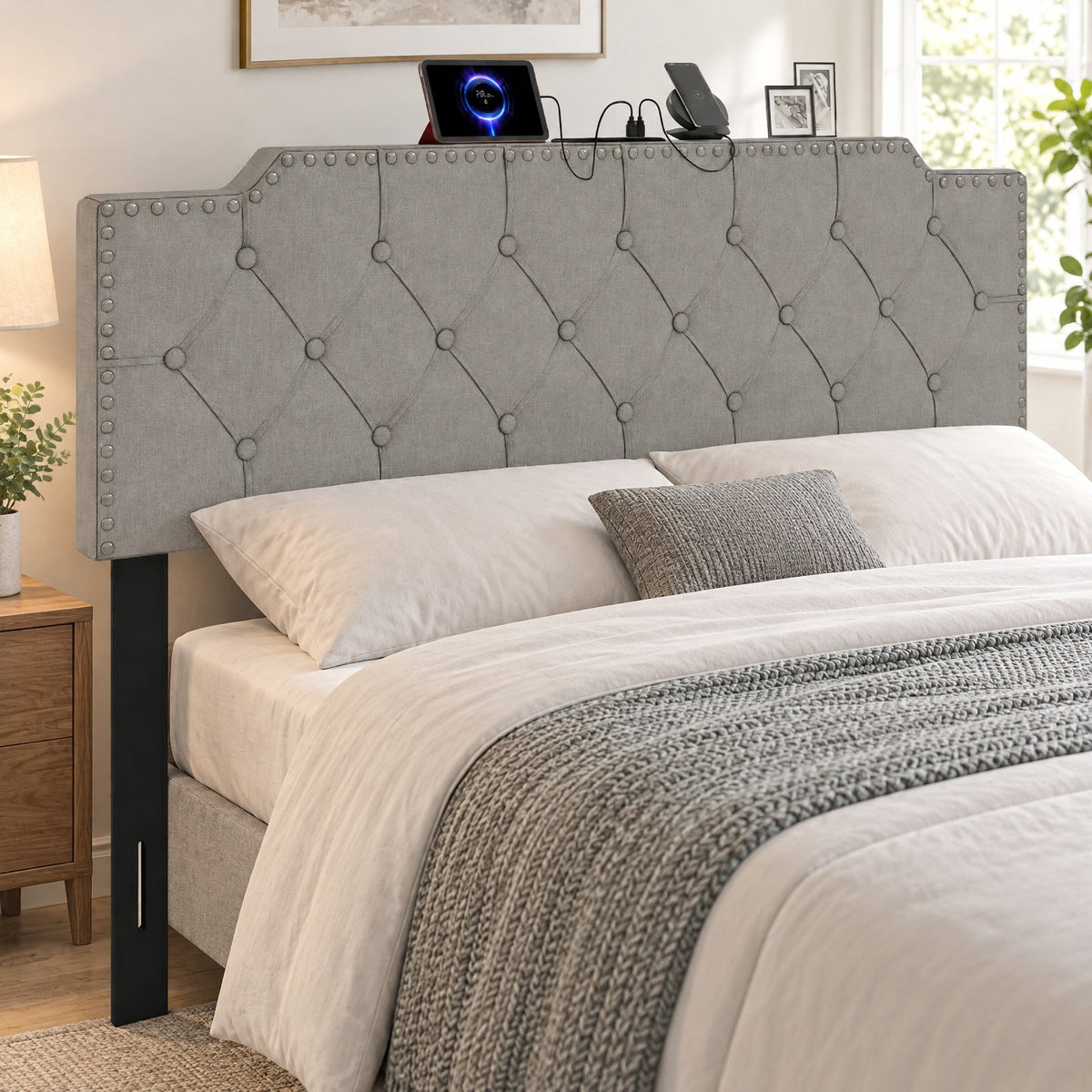 Airfind Headboard for Queen and Full Size Bed Rivet Tufted Upholstered Head Board, Rubber Wood Polyester Sponge MDF Frame, 63 x 4 x 45 Footprint