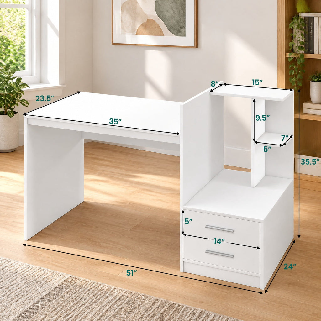 Airfind Computer Desk Home Office with Bookshelf and Drawers, 110 lbs Capacity, MDF Frame, 51 x 24 x 35.5 Footprint, White