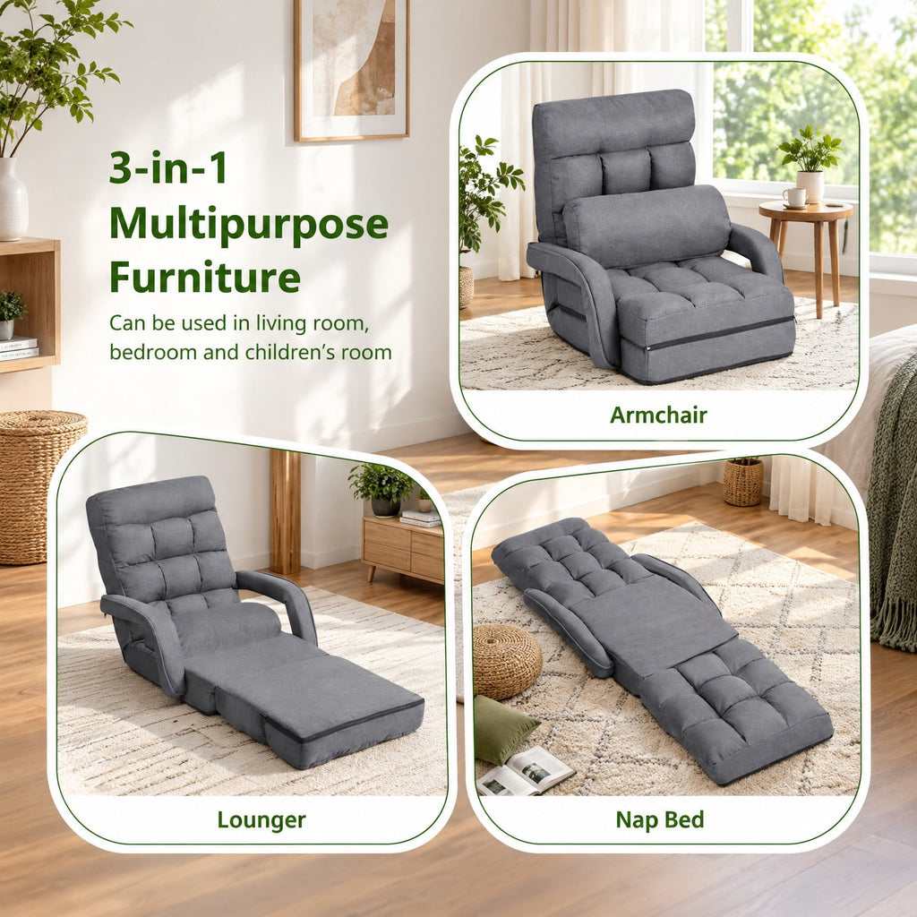 Airfind Folding Lazy Floor Chair Sofa with Armrests and Pillow, Linen-like cloth steel sponge Frame, 22in x 26in x 29in Footprint, Gray