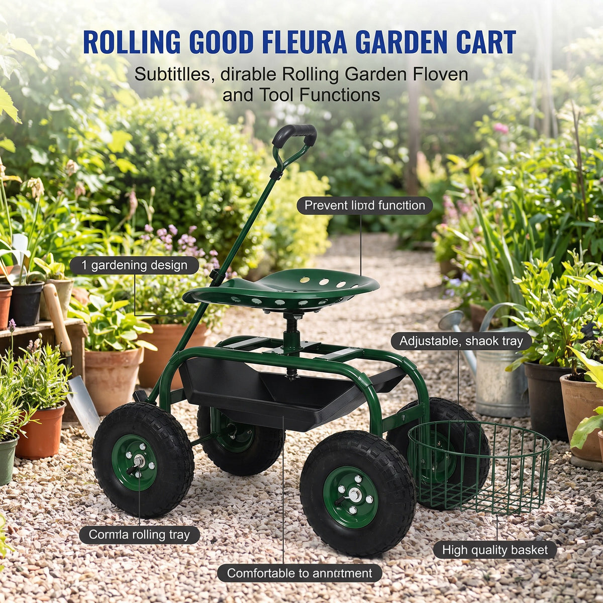 Airfind Heavy Duty Garden Cart with Tool Tray and 360 Swivel Seat, 330 lbs Capacity, Steel Rubber Plastic Frame, 38 x 17 x Footprint, Green