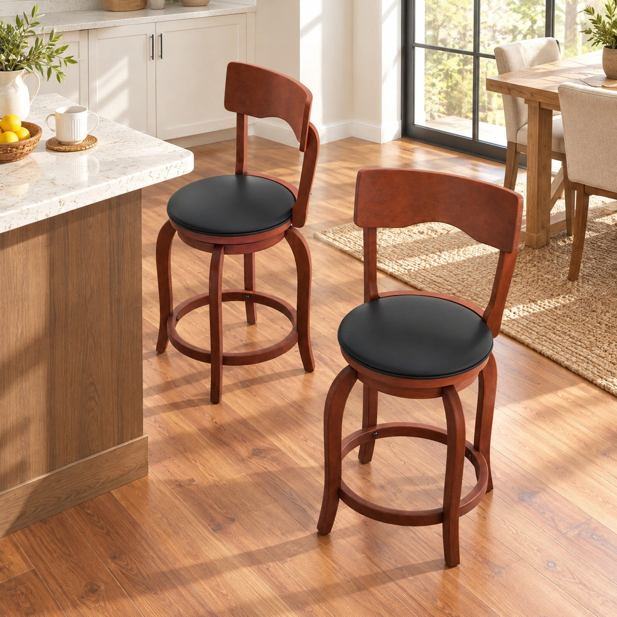 Airfind Swivel Bar Stools Set of 2 with Rubber Wood Frame and Upholstered Seat-24 Inch, 286 lbs Capacity, Rubber Wood Sponge PVC Frame, Wood