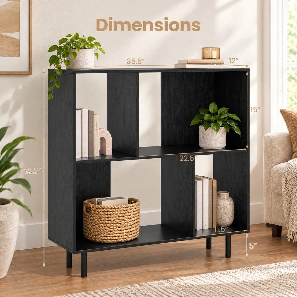 Airfind Open Shelf Bookcase with 4 Compartments, Black, 4-cube bookcase provides ample storage space, Assembly is required before use