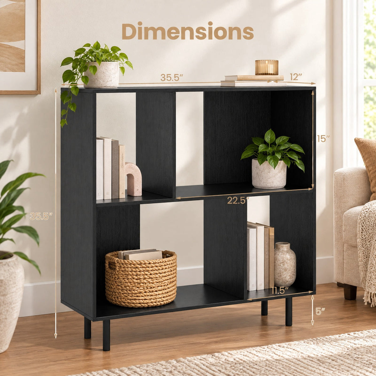 Airfind Open Shelf Bookcase with 4 Compartments, Black, 4-cube bookcase provides ample storage space, Assembly is required before use