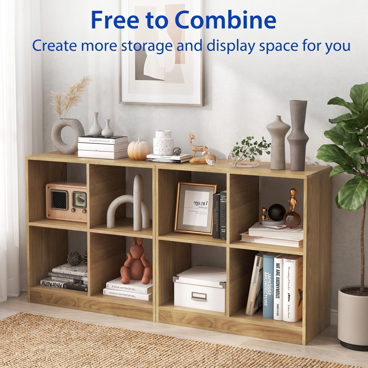 Airfind 4-Cube Youth Bookcase with Open Shelves, 60 Lbs Capacity, Engineered Wood, 29 Inch X 13 Inch X 29 Inch for Convenient Everyday Use, Natural