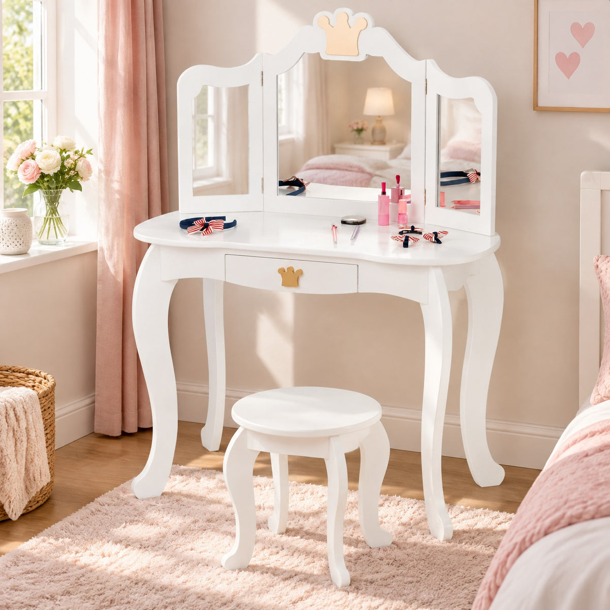 Airfind Kids Makeup Dressing Table with Tri-folding Mirror and Stool, 33 lbs Capacity, MDF pine Frame, 31.5in x 16.5in x 41.5in Footprint, White