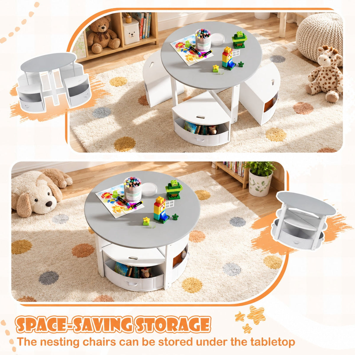 Airfind Youth Round Nesting Table, 5 Piece, with 4 Storage Stools for Activity, 110 lbs Capacity, MDF Frame, for 3+ years old, Gray
