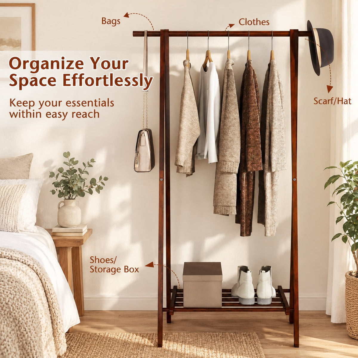 Airfind Folding Rubber Wood Clothes Hanging Rack Standing Garment Rack with Bottom Storage Shelf, 33 lbs Capacity, Rubber Wood Unfolding Frame