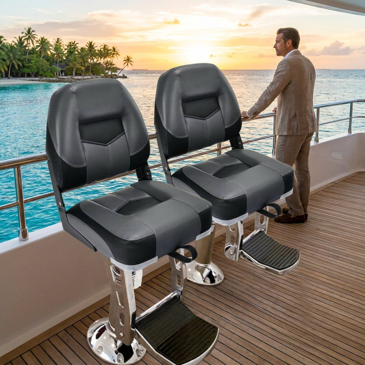 Airfind Set of 2 Folding Low Back Fishing Boat Seats with 4.3 Inch Padding and Stainless Steel Screws, Weatherproof Marine Seats, Black