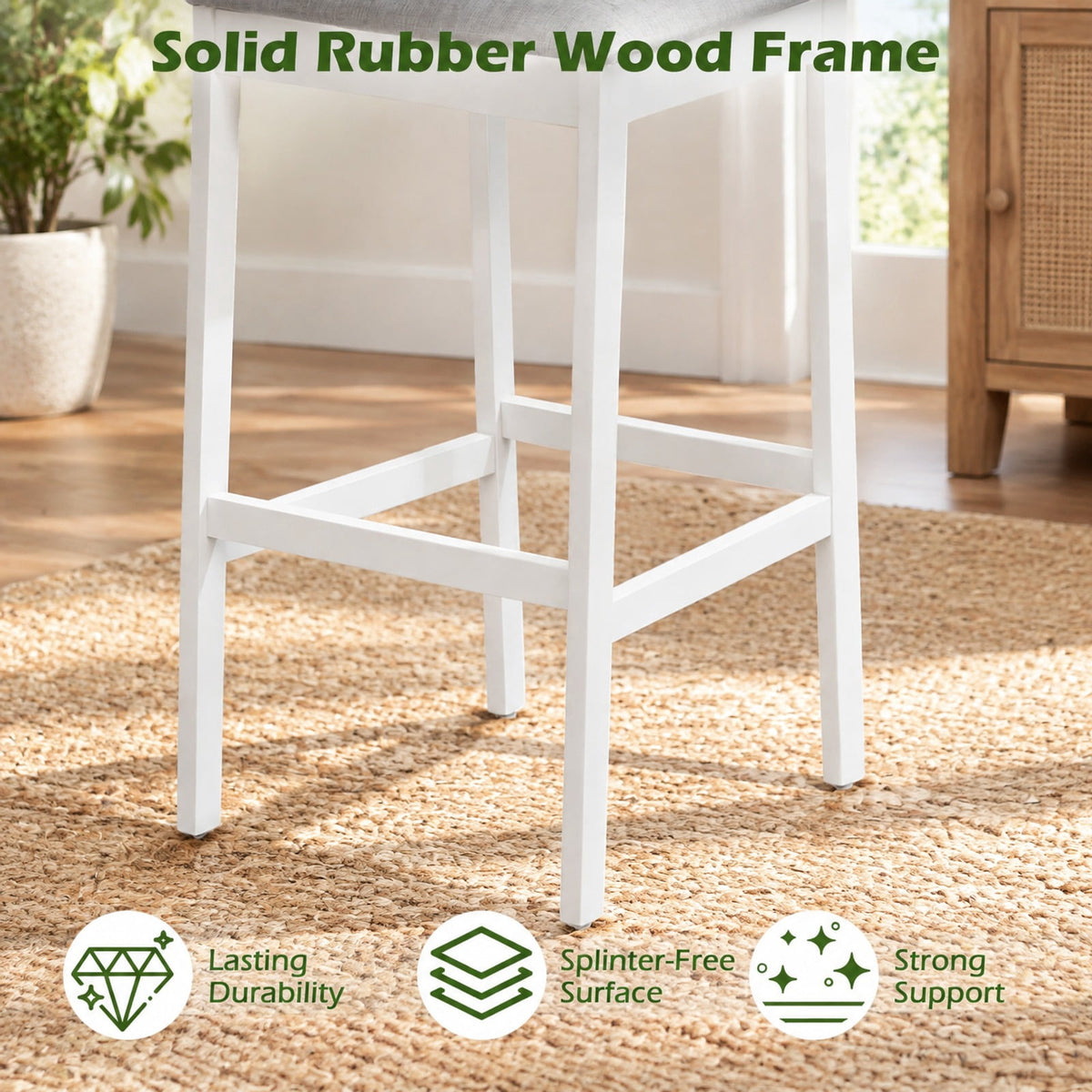 Airfind Set of 4 Upholstered Barstool 29.5 Inch Bar Height with Solid Rubber Wood Frame, 300 lbs Capacity, White