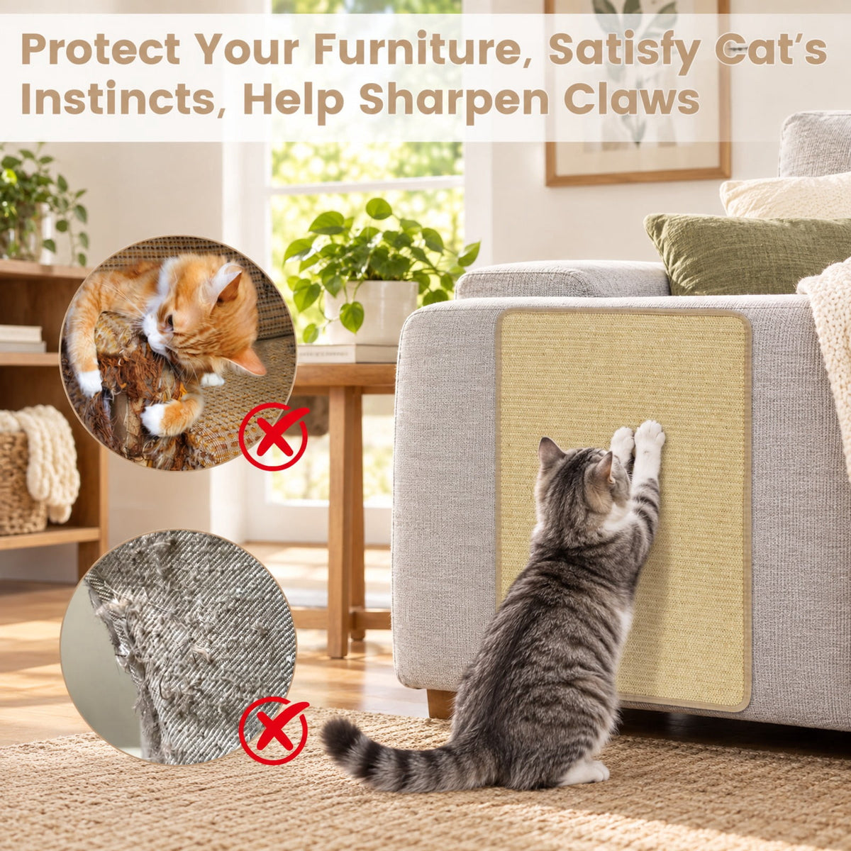 Airfind Cat Scratching Mats Set of 6 with Natural Sisal Surface, Self-Adhesive Tape and Anti-Slip Latex Backing, 16 x 12 Inches, Natural