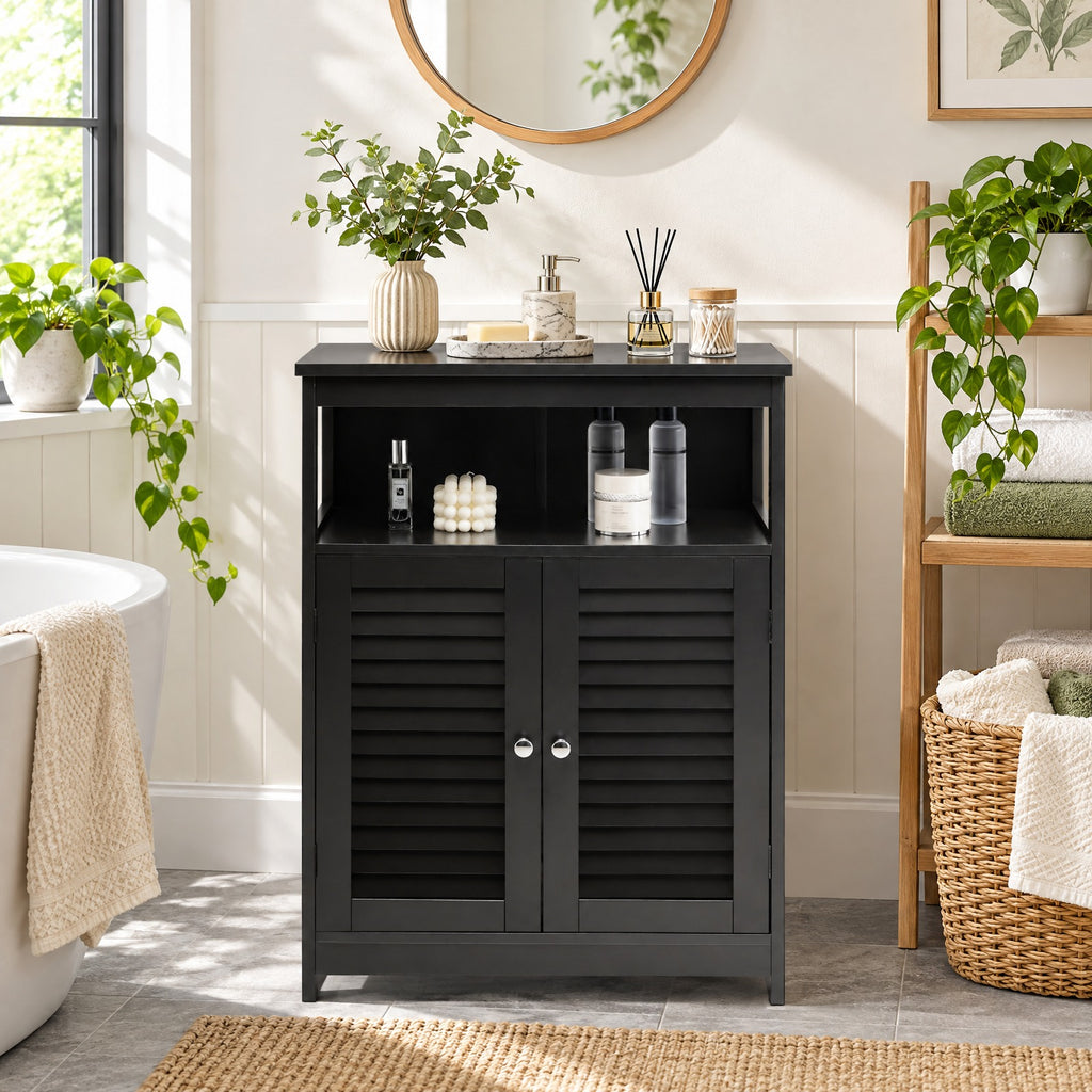 Airfind Wood Freestanding Bathroom Storage Cabinet with Double Shutter Door, 77 lbs Capacity, P2 MDF Frame, 23.5in x 12in x 31.5in Footprint, Black
