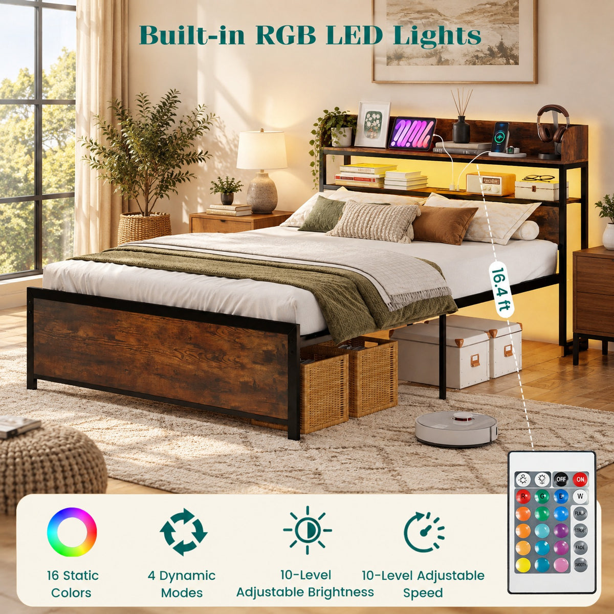 Airfind LED Bed Frame with Power Outlets and Storage Headboard, 1000 lbs Capacity, Engineered Wood Metal MDF Frame