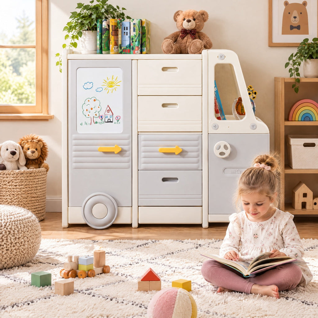 Airfind Kids Toy Storage Organizer Bus-shaped Children Cabinet with 4 Pull-out Drawers with Handles, 180 lbs Capacity, HDPE PP Frame, Grey