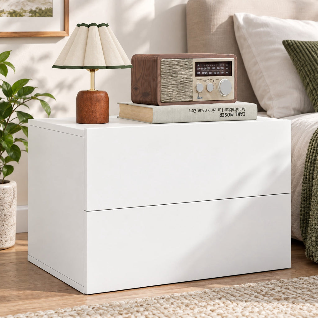 Airfind Floating Nightstand with 2 Storage Drawers Wall Mounted for Bedroom, White, Wide tabletop and 2 drawers keep bedtime essentials within reach