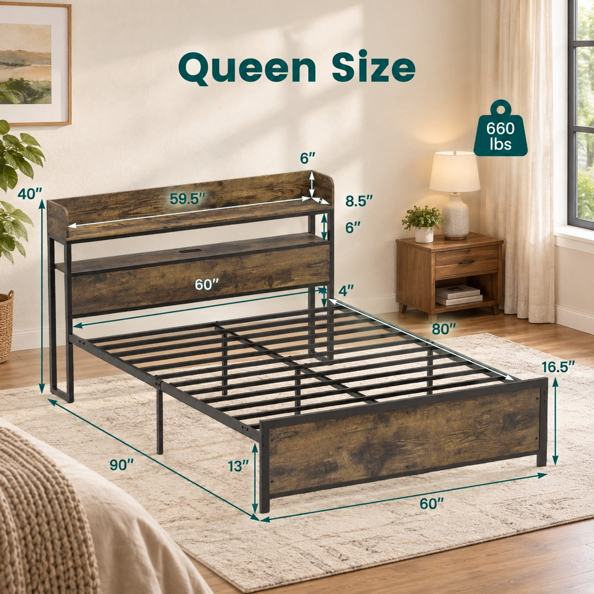 Airfind LED Bed Frame with Power Outlets and Storage Headboard, 1000 lbs Capacity, Engineered Wood Metal MDF Frame