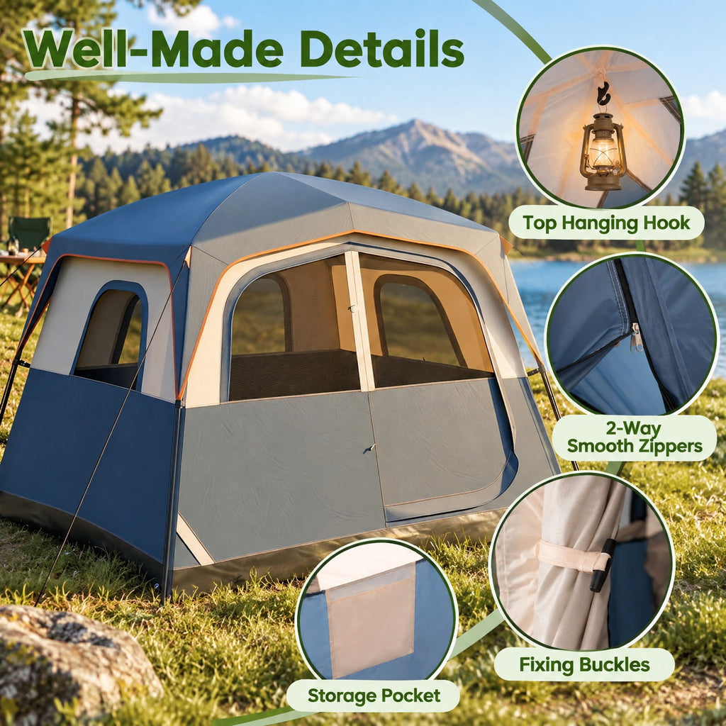 Airfind 6-Person Camping Tent Easy Setup Family Cabin Tent with Top Rainfly Mesh Windows, Fabric Fiberglass Metal Frame, 10 x 9 x 7 ft Footprint