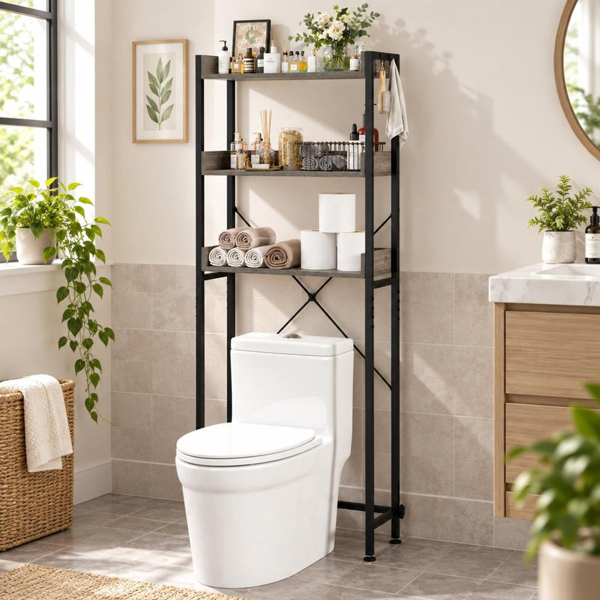 Airfind Over The Toilet Storage Rack with Hooks and Adjustable Bottom Bar, Metal Engineered Wood Frame, Grey