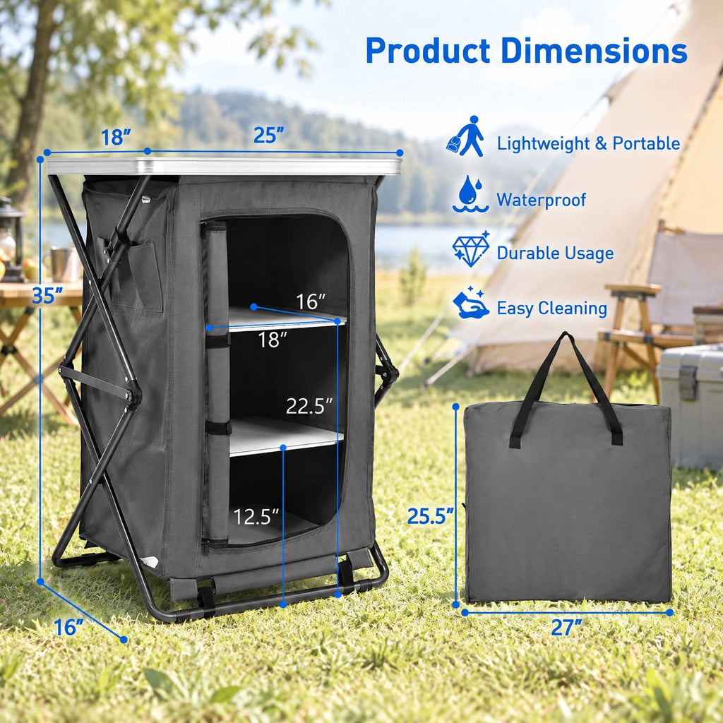 Airfind Folding Camping Storage Cabinet with 3 Shelves and Carry Bag, 33 lbs Weight capacity of each shelf: 11 lbs L: Capacity, Gray