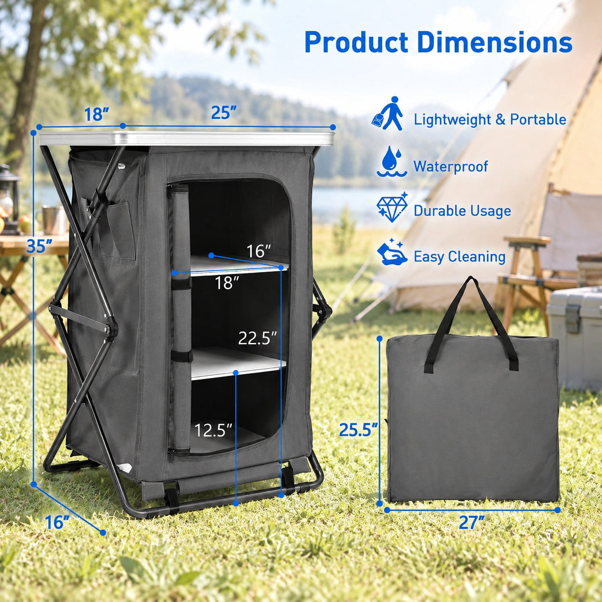 Airfind Folding Camping Storage Cabinet with 3 Shelves and Carry Bag, 33 lbs Weight capacity of each shelf: 11 lbs L: Capacity, Gray