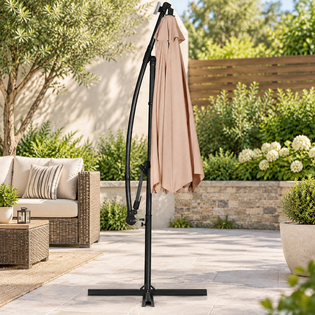Airfind 10 ft 360° Rotation Solar Powered LED Patio Offset Umbrella without Weight Base, Steel aluminum polyester fabric Frame, 10 x 7.5 Footprint