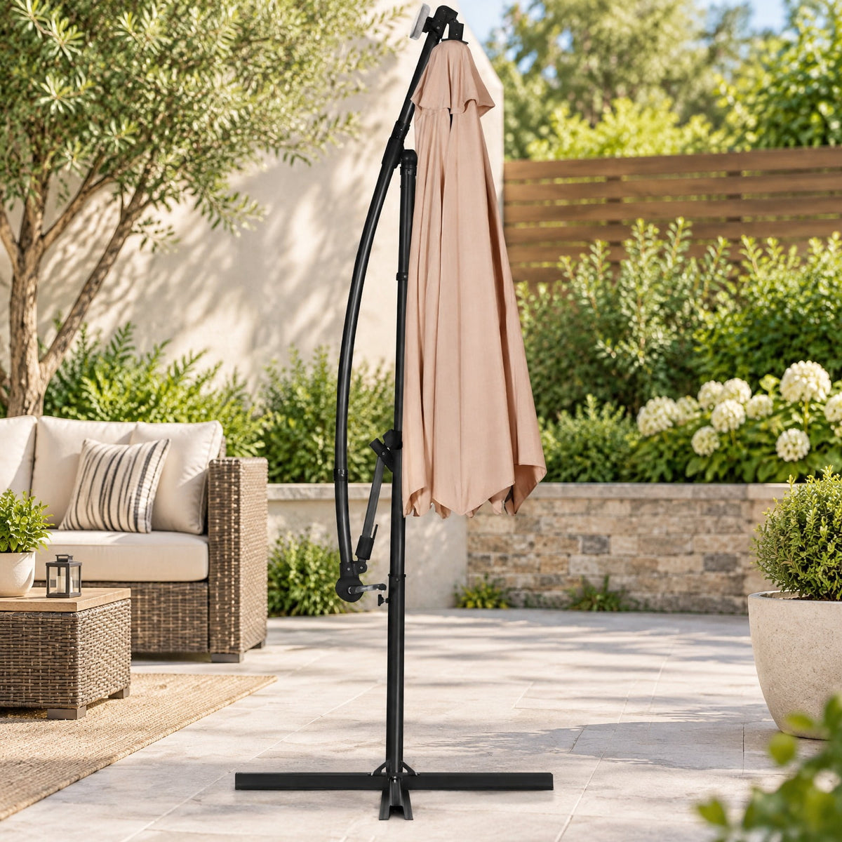 Airfind 10 ft 360° Rotation Solar Powered LED Patio Offset Umbrella without Weight Base, Steel aluminum polyester fabric Frame, 10 x 7.5 Footprint