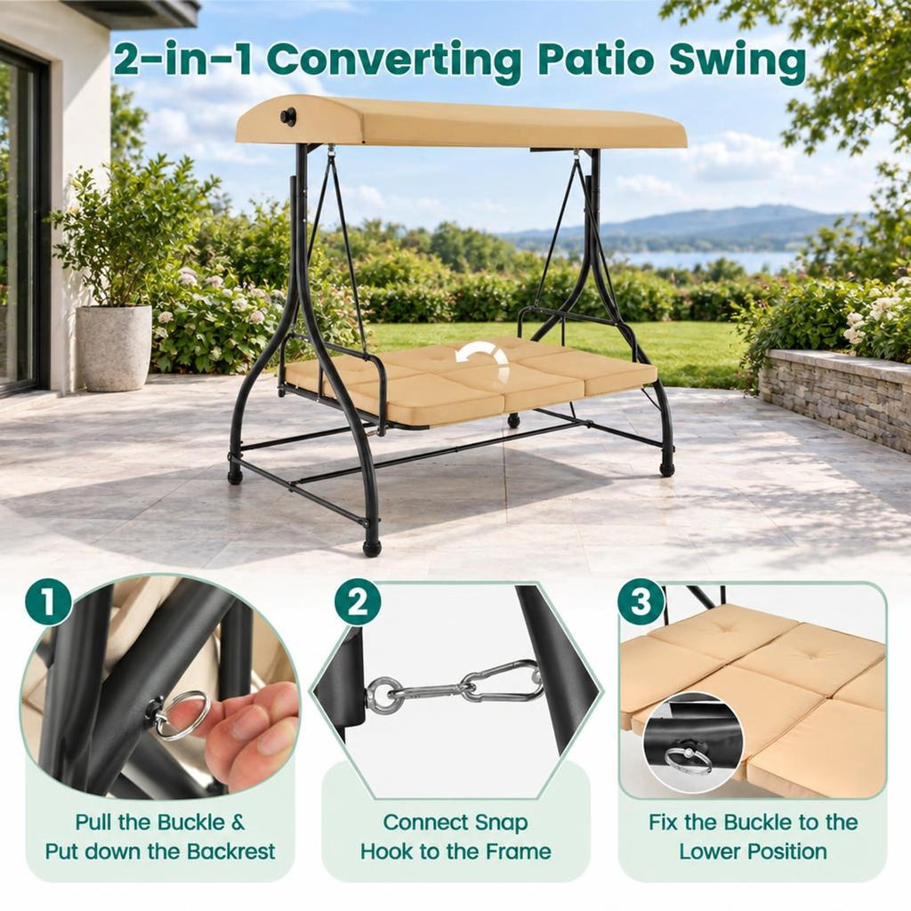 Airfind 3 Seat Outdoor Porch Swing with Adjustable Canopy, Metal Polyester Cotton Seat Height: 20 Frame, Beige