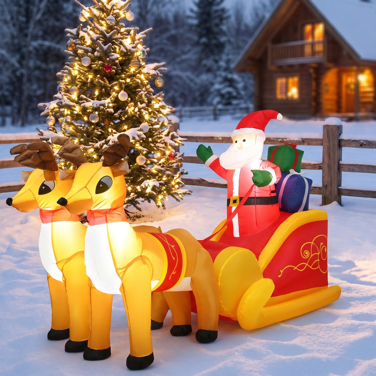 Airfind 7.5 Feet Waterproof Outdoor Inflatable Santa with Double Deer and Sled, Polyester fabric Frame, Show in the picture