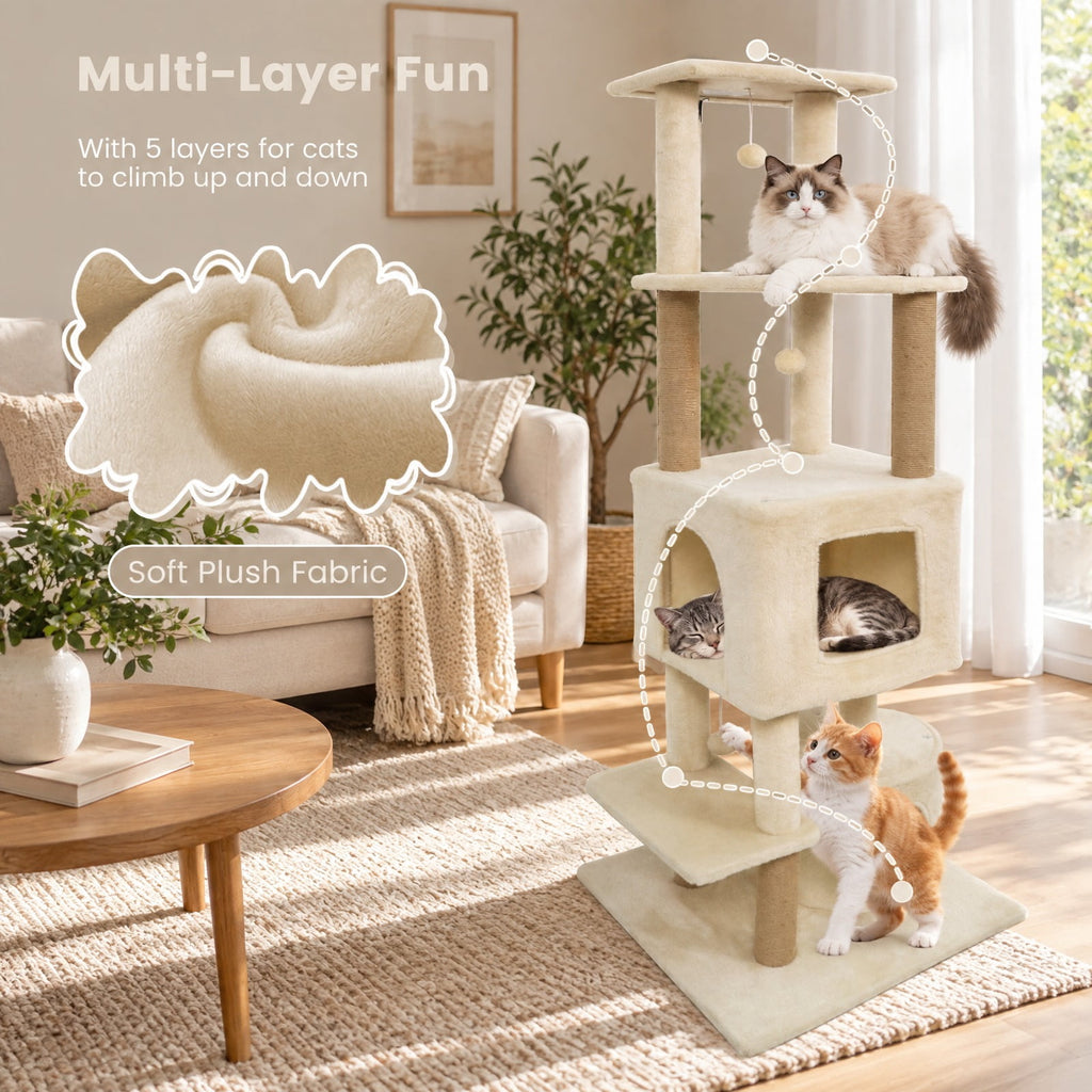 Airfind 64 Inch Tall Cat Tree with 2 Large Condos and Jute Scratching Posts for Indoor Adult Cats, 33 lbs Capacity, Beige