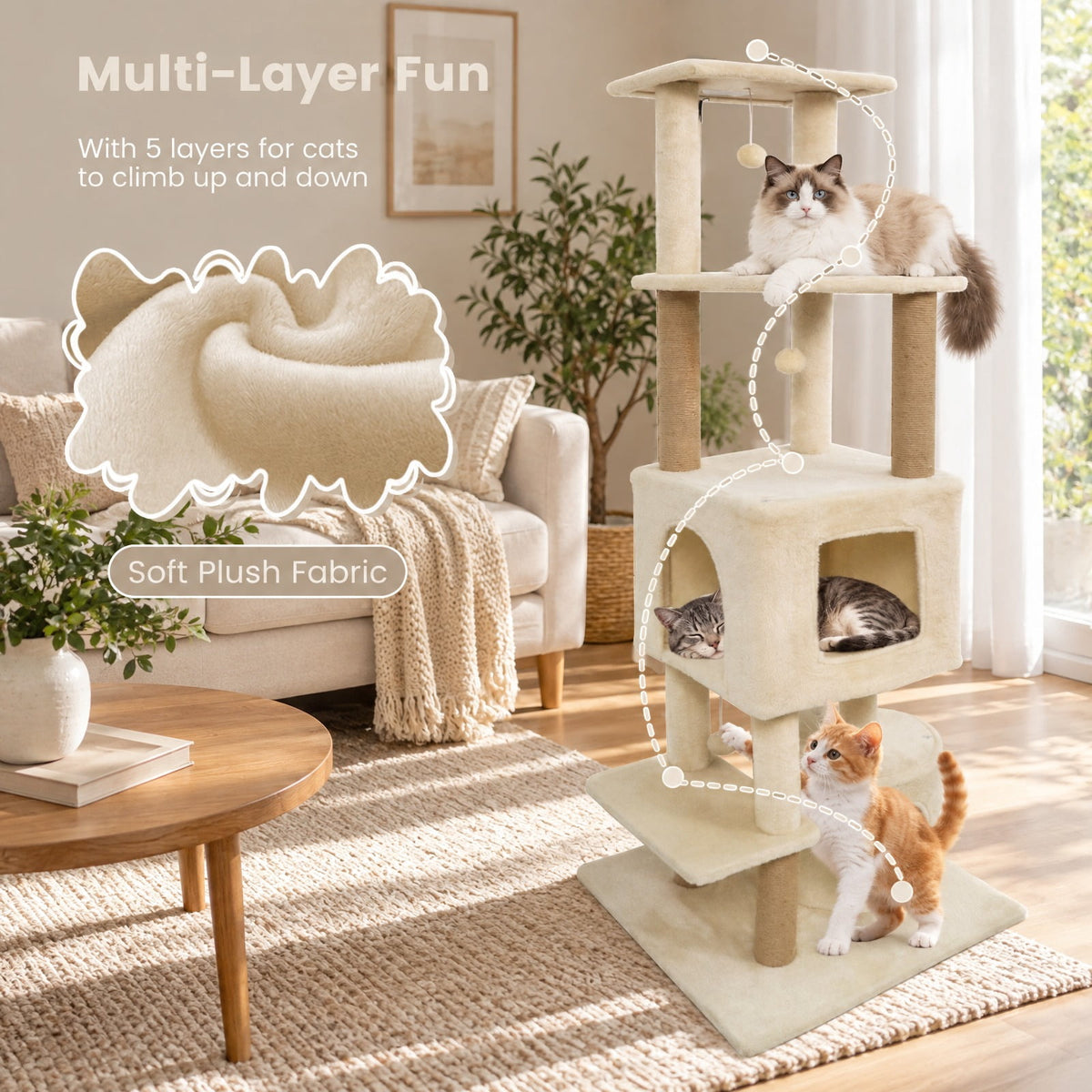 Airfind 64 Inch Tall Cat Tree with 2 Large Condos and Jute Scratching Posts for Indoor Adult Cats, 33 lbs Capacity, Beige
