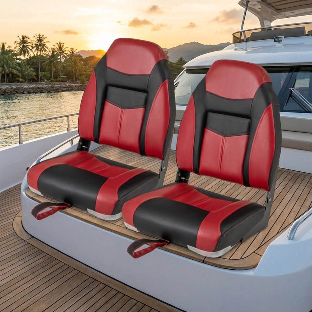 Airfind Folding Boat Seats with High Back Ergonomic Support and Waterproof Cushion for Fishing and Pontoon Boats with Aluminum Hinges, Red