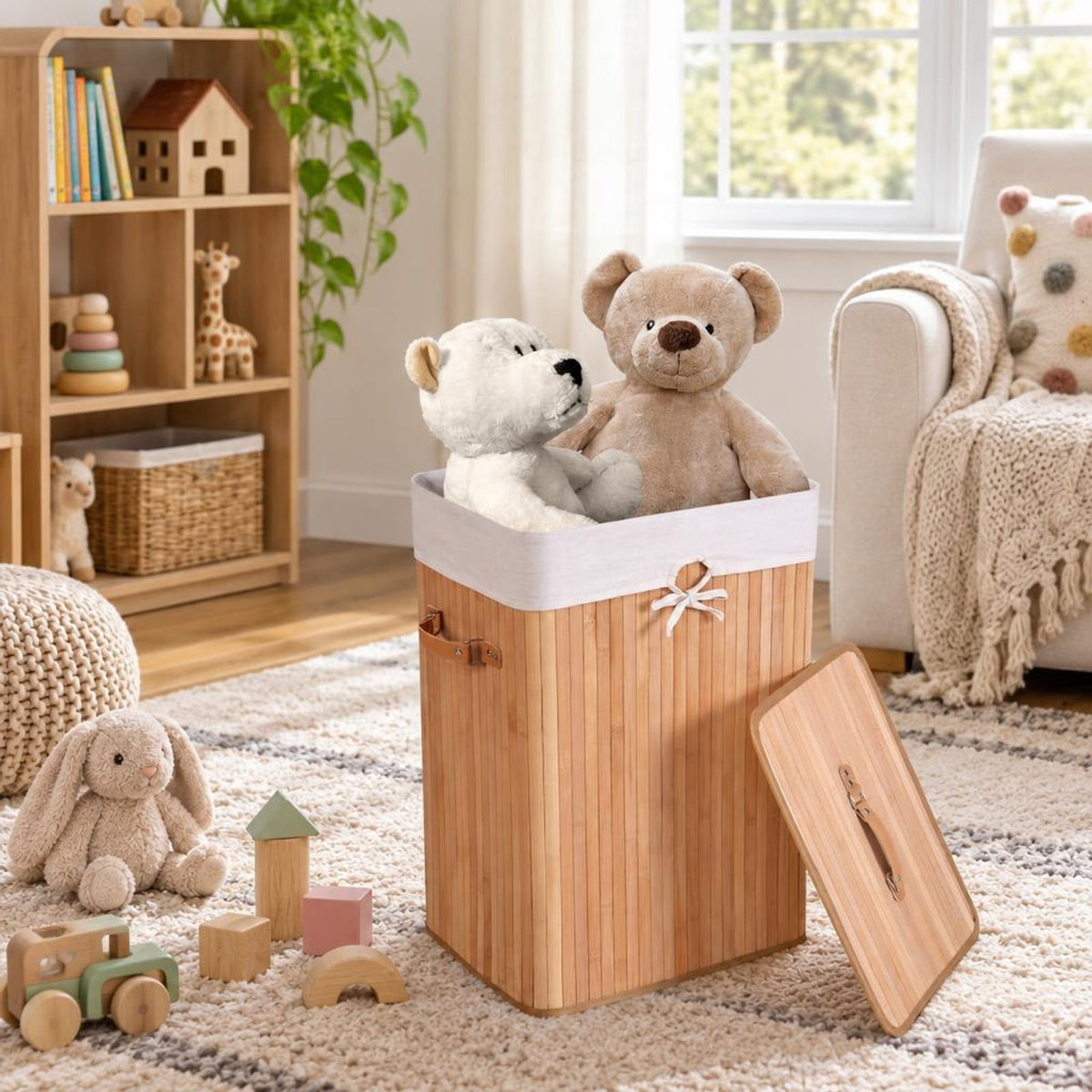 Airfind Rectangle Bamboo Hamper Laundry Basket Washing Cloth Bin Storage Bag Lid 3 color, Bamboo and polyester cotton Frame, Natural