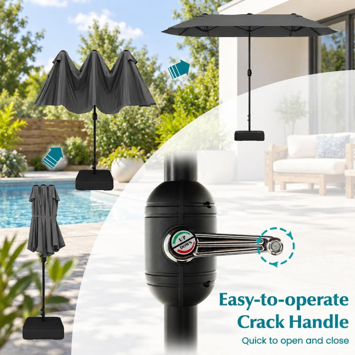 Airfind 13 Feet Double-Sided Patio Twin Table Umbrella with Crank Handle, Metal 180g Yarn Dyed Fabric PA Coating Frame, Gray