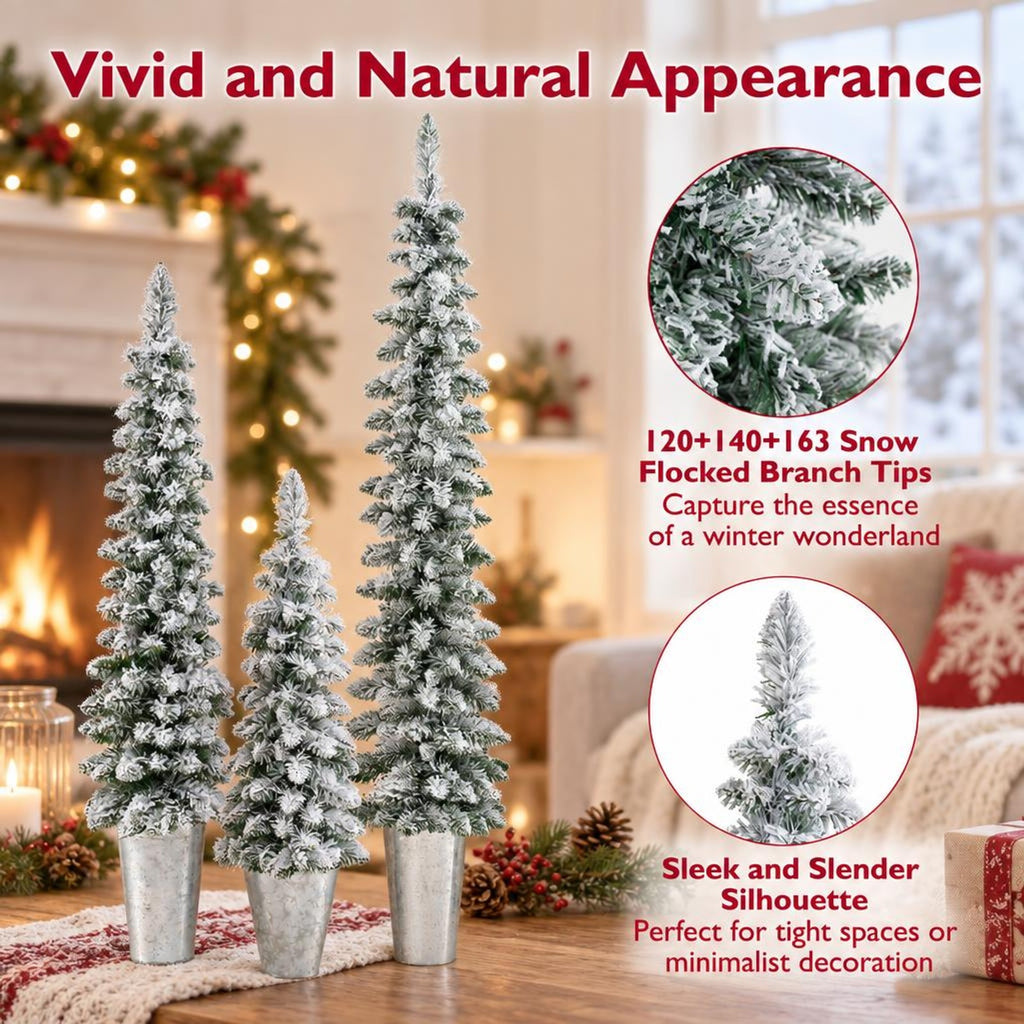 Airfind Set of 3 Pre-Lit Snow Flocked Artificial Christmas Trees witrh 423 Branch Tips, PVC Tree Height 3 ft Tree Width 10in Frame
