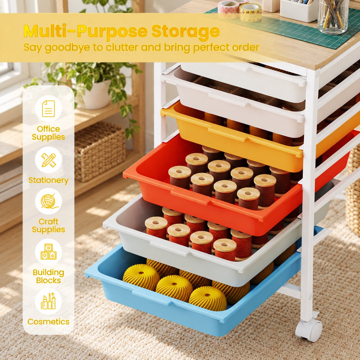 Airfind 6-Drawer Rolling Storage Cart with Wooden Tabletop, 35 lbs Capacity, MDF PP Metal, 14.5 Inch x 13 Inch x 22.5 Inch , Natural + White